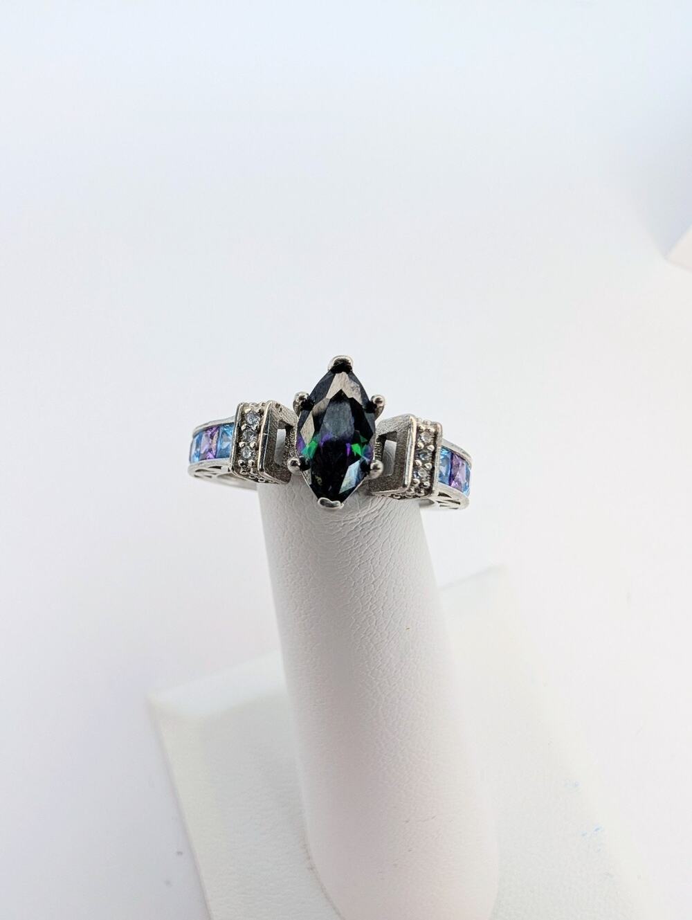 Sterling Silver 925 Ring W/ Blue And Purple CZ & Mystic Topaz Looking Stone Sz 7